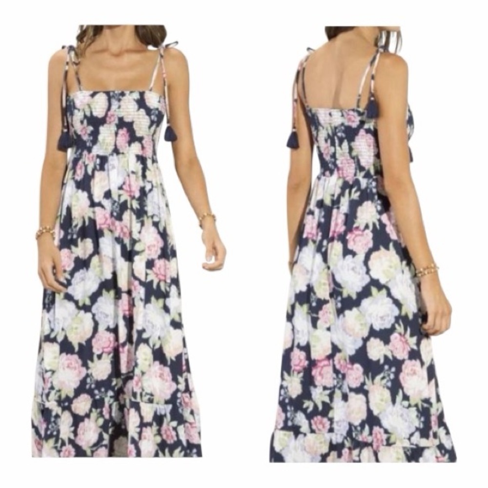 Maaji Midnight Garden Bewitched Smocked Chest Tassel Strap Maxi Dress. Medium.